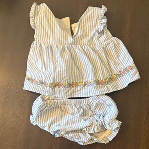 GAP Blue and White Striped Kids Set with Floral Embroidery